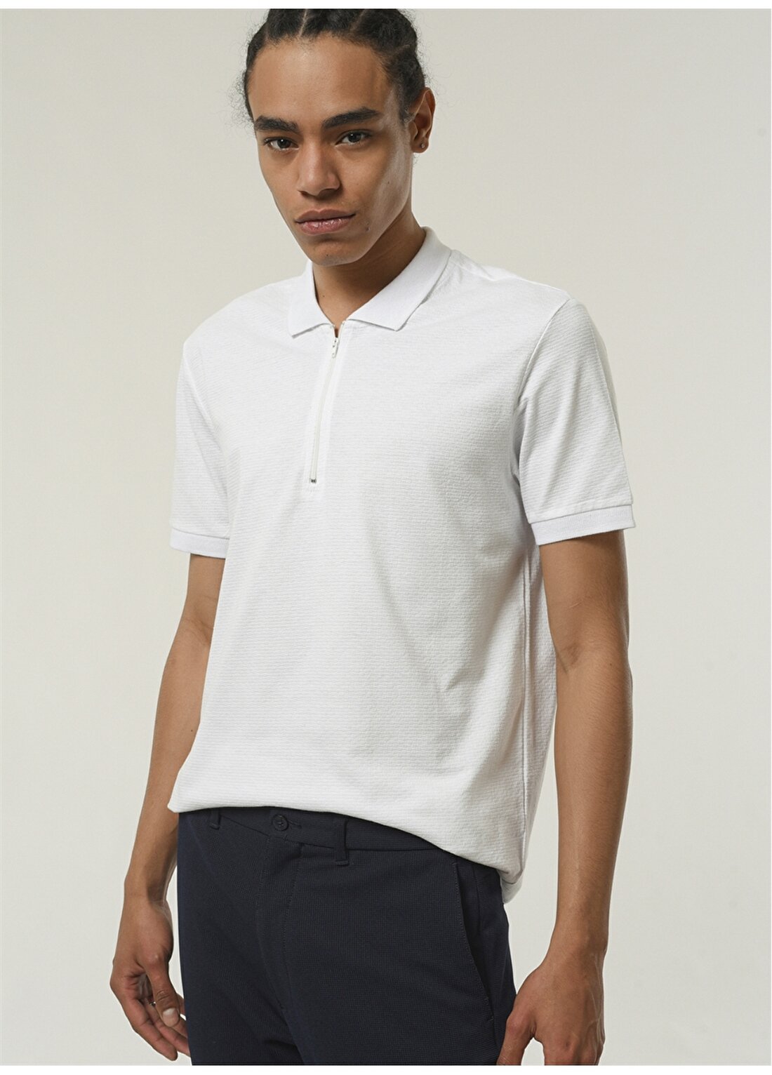 People By Fabrika Polo Yaka Desenli Beyaz Erkek T-Shirt