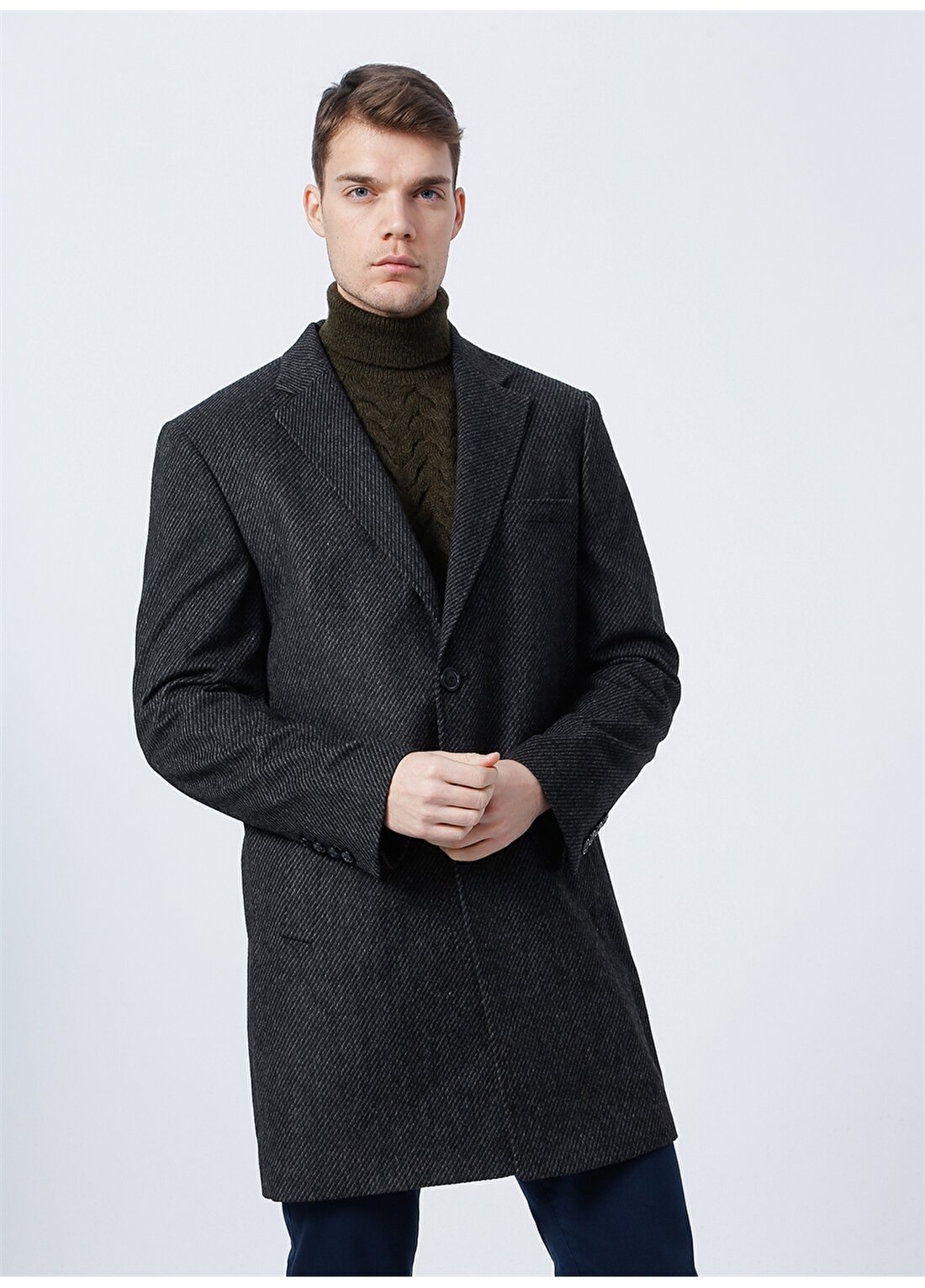 Beymen Business 4B0522100002 Mono Yaka Uzun Kollu Standart Kalıp Desenli Antrasit Erkek Palto