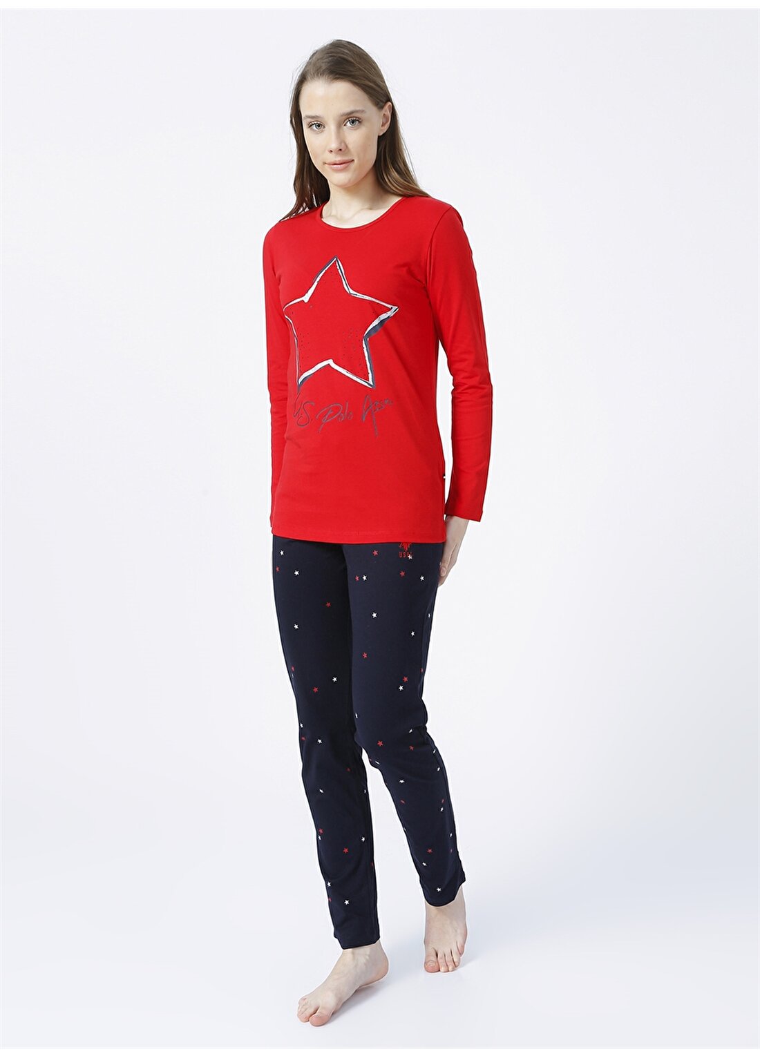 U.S. Polo Assn. Yuvarlak Yaka Standart Kalıp Desenli Kırmızı Kadın Pijama Takımı