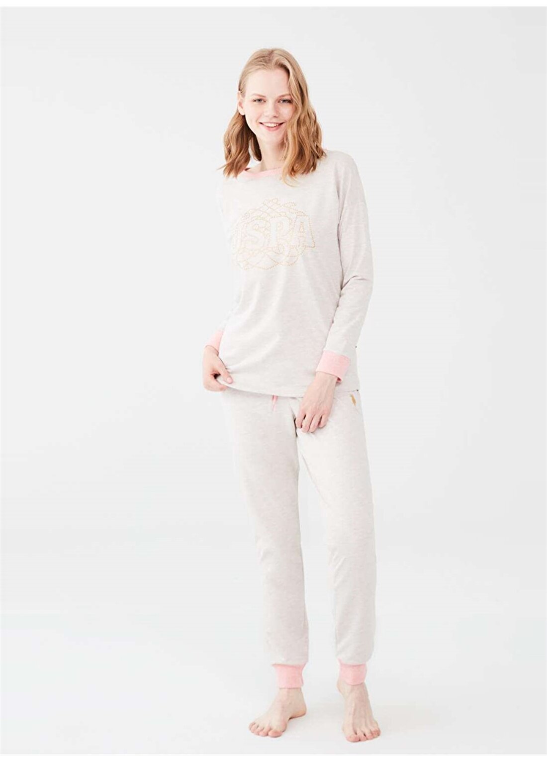 U.S. Polo Assn. Yuvarlak Yaka Lastikli Standart Kalıp Desenli Beyaz Kadın Pijama Takımı