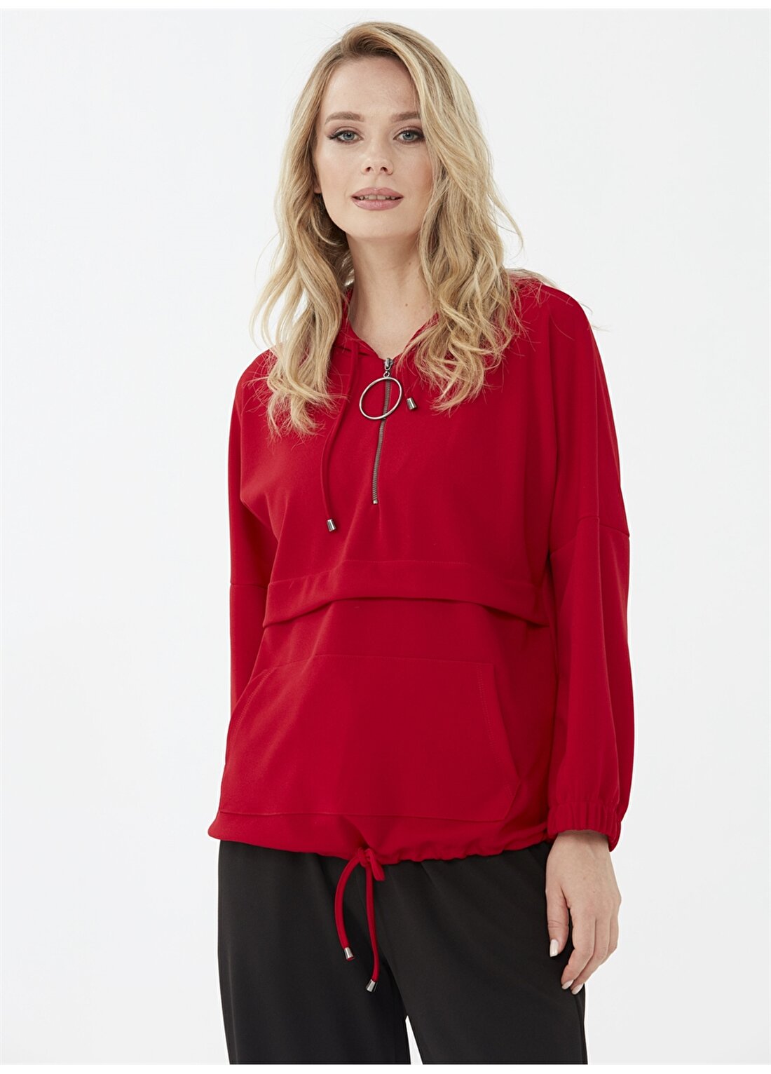 Selen Fermuarlı Düz Kırmızı Kadın Bluz