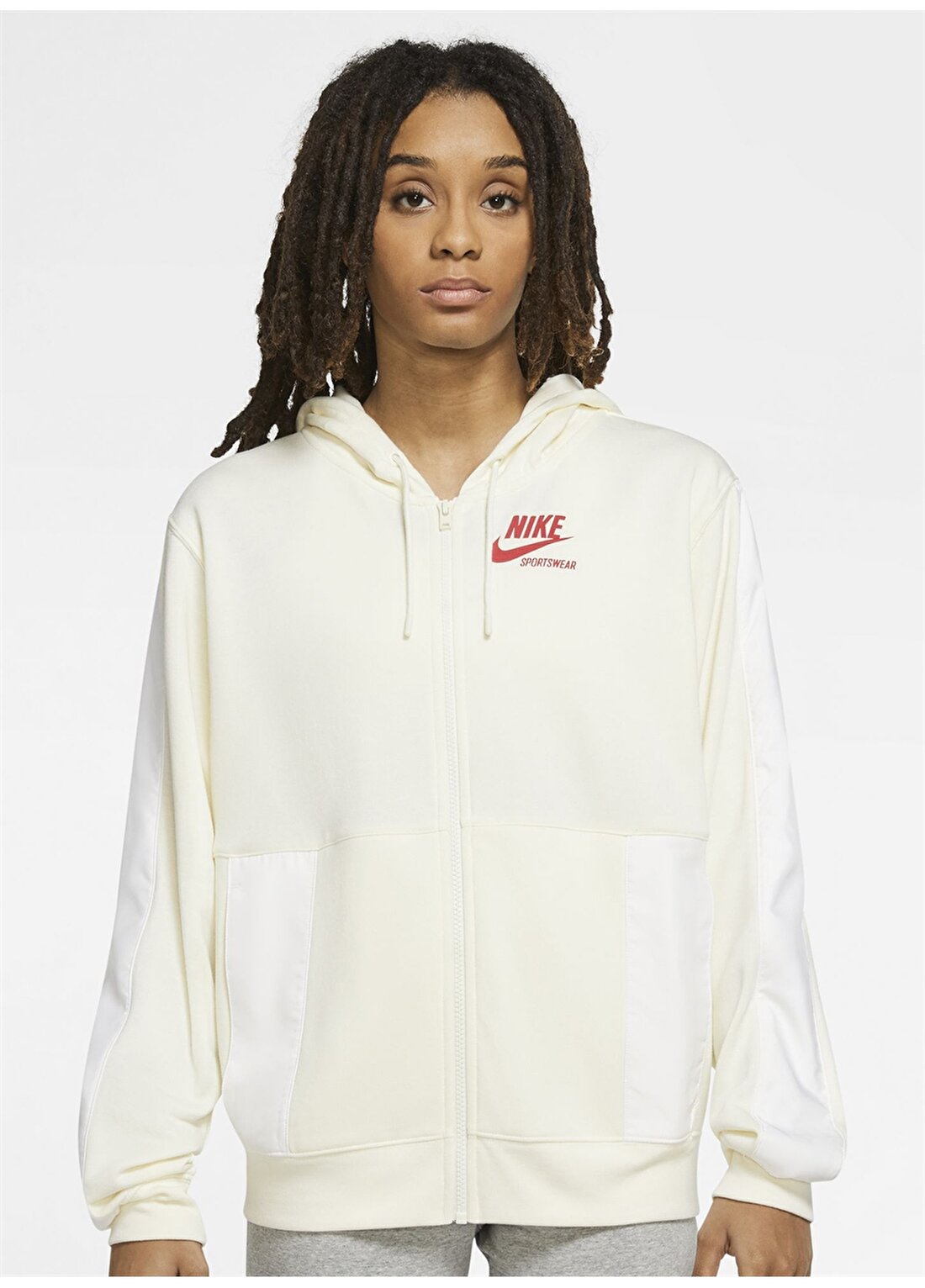 Nike DD5671-715 Kapüşonlu Standart Kalıp Beyaz - Kırmızı Kadın Fermuarlı Sweatshirt