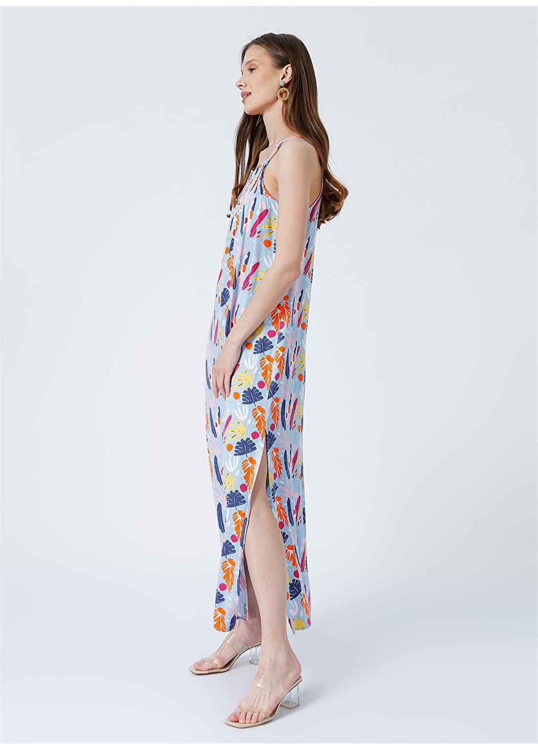 Fabrika Arissa-1 Kare Yaka Geniş Fit Desenli Çok Renkli Kadın Maksi Boy Elbise