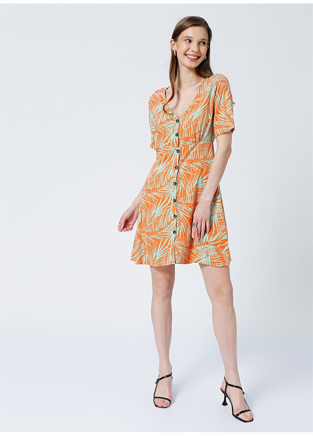 Fabrika Toro-Y2 V Yaka Basic Desenli Çok Renkli Kadın Mini Elbise