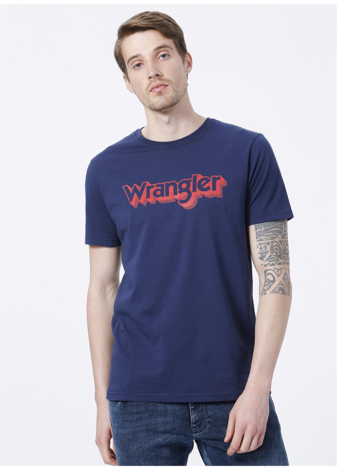 Wrangler W7J4D3114_Logo Bisiklet Yaka Regular Fit Baskılı Lacivert Erkek T-Shirt