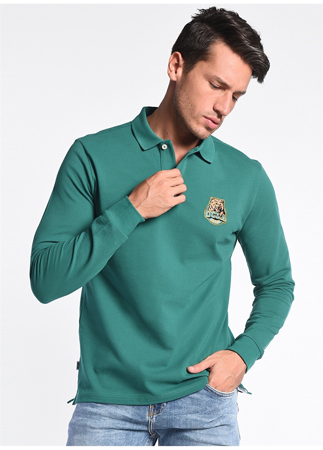 Ucla COMPTON Polo Yaka Standart Kalıp Nakışlı Yeşil Erkek Sweatshirt