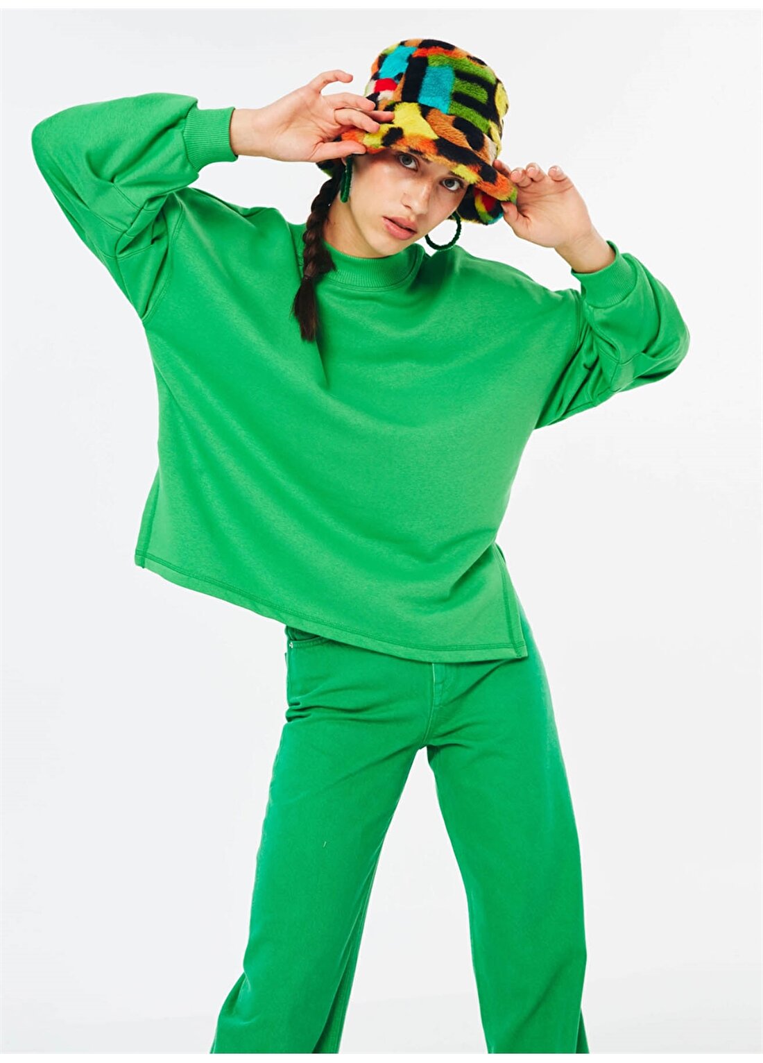 Twist Yuvarlak Yaka Standart Kalıp Yeşil Kadın Dikiş Detaylı Sweatshirt