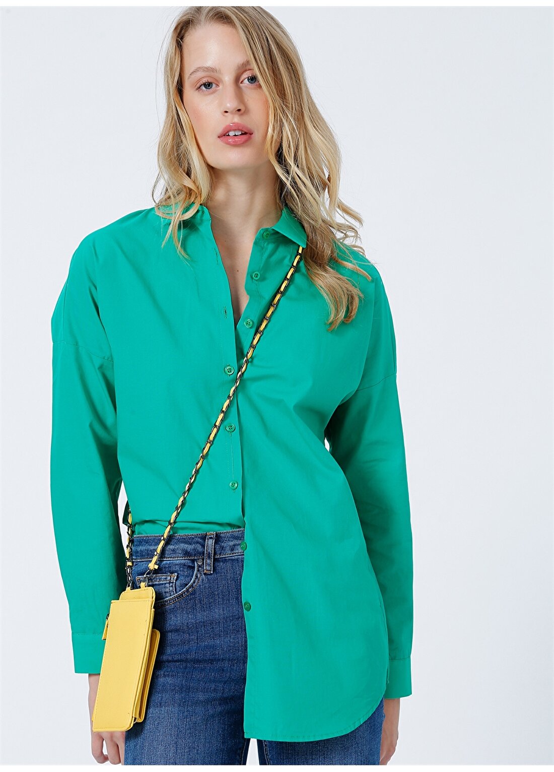 Limon Rones Oversize Düz Yeşil Kadın Gömlek