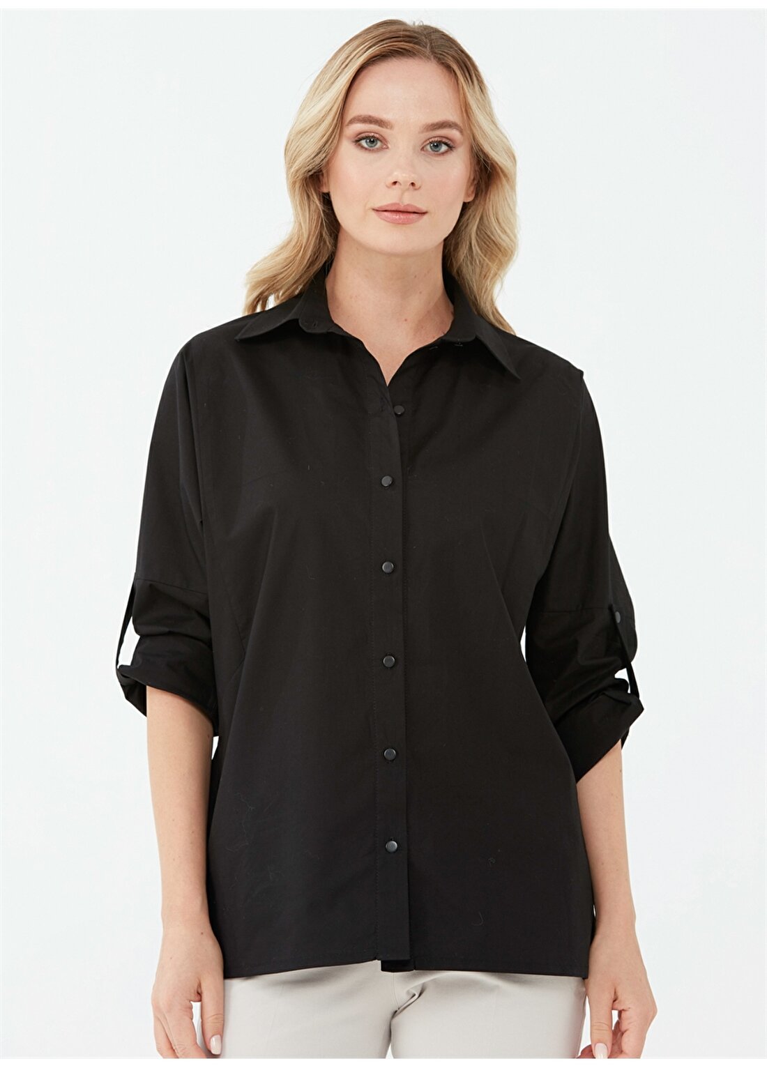 Selen 21Ksl8190 Gömlek Yaka Standart Düz Siyah Kadın Bluz