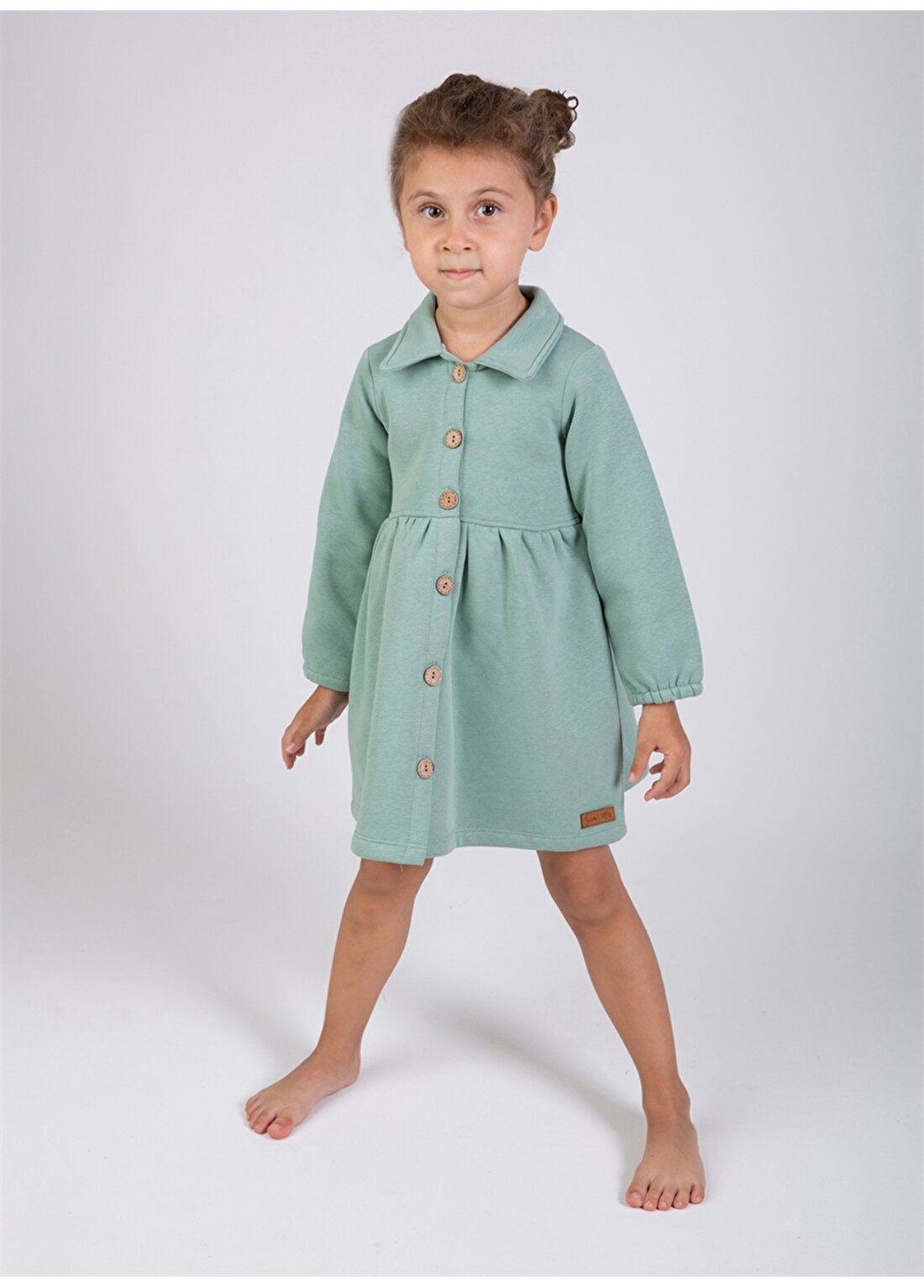 Yami Mia Düğmeli Normal Kalıp Düz Mint Kız Çocuk Elbise