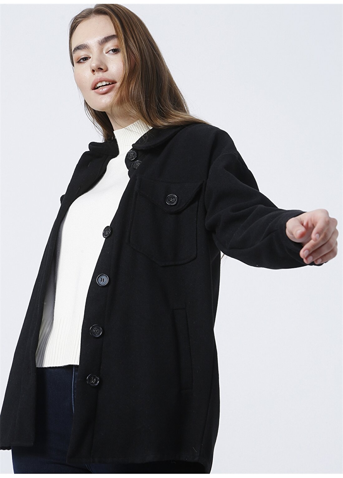Fabrika Kopenhag Gömlek Yaka Geniş Fit Düz Siyah Kadın Ceket
