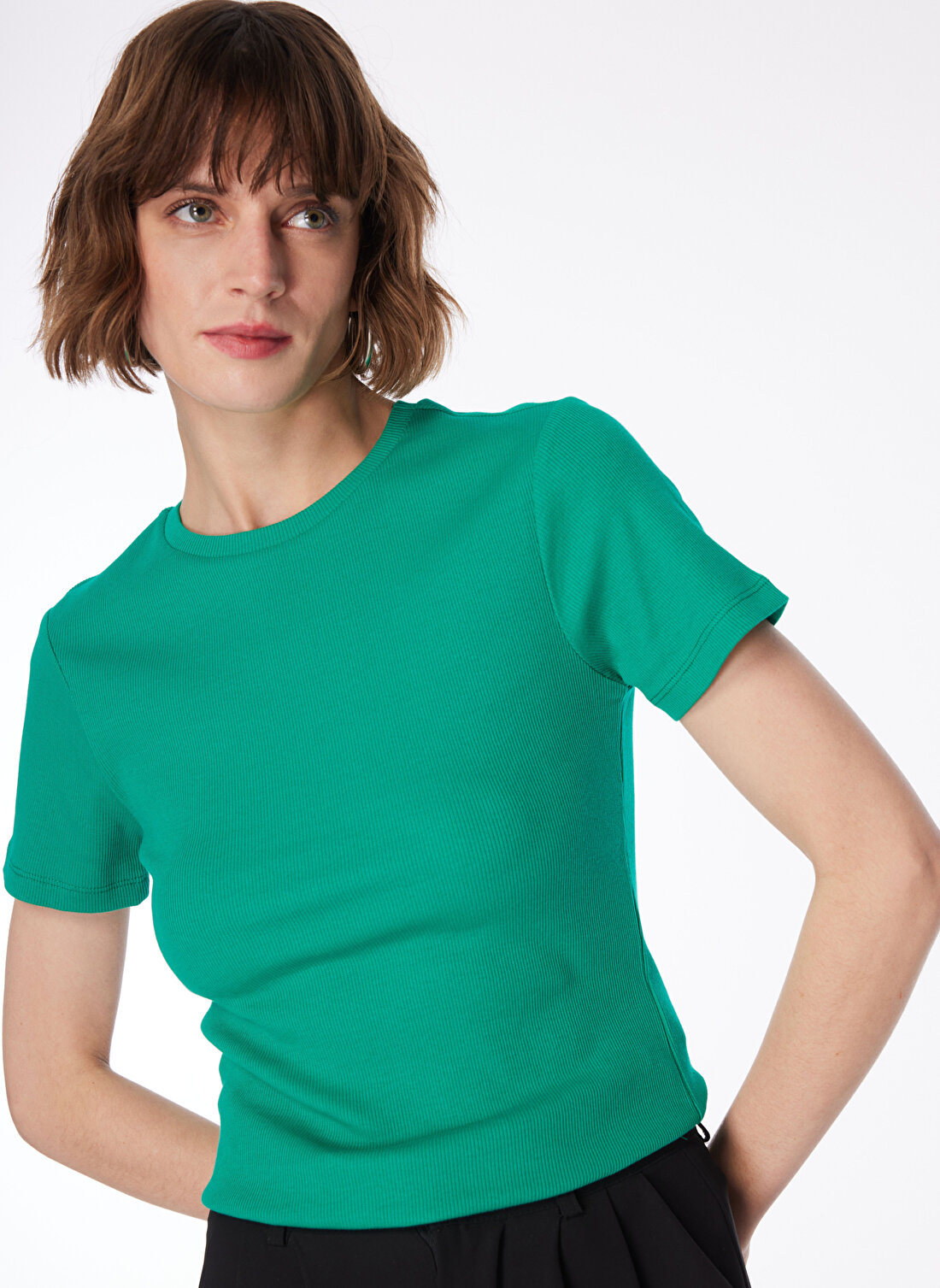 Fabrika Bisiklet Yaka Fitilli Yeşil Kadın T-Shirt TEO