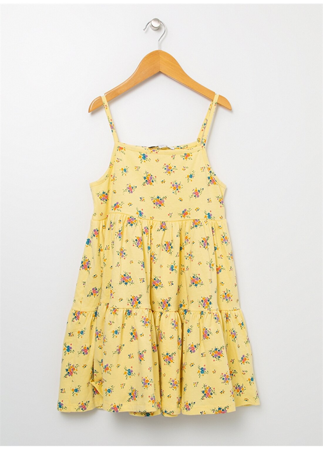 Limon Açık Sarı Kız Çocuk U Yaka Askılı Diz Üstü Geniş Fit Desenli Elbise SN-71