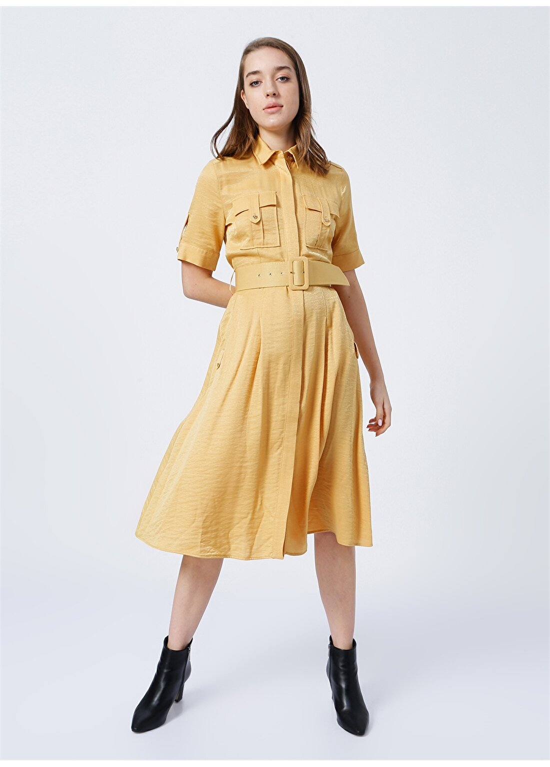 Pierre Cardin Bonde Gömlek Yaka Standart Kalıp Düz Sarı Kadın Elbise