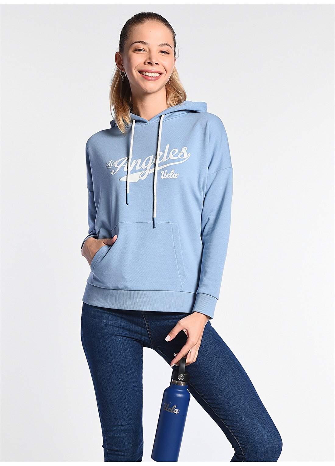 Ucla Auburn Kapüşonlu Oversized Baskılı Mavi Kadın Sweatshirt