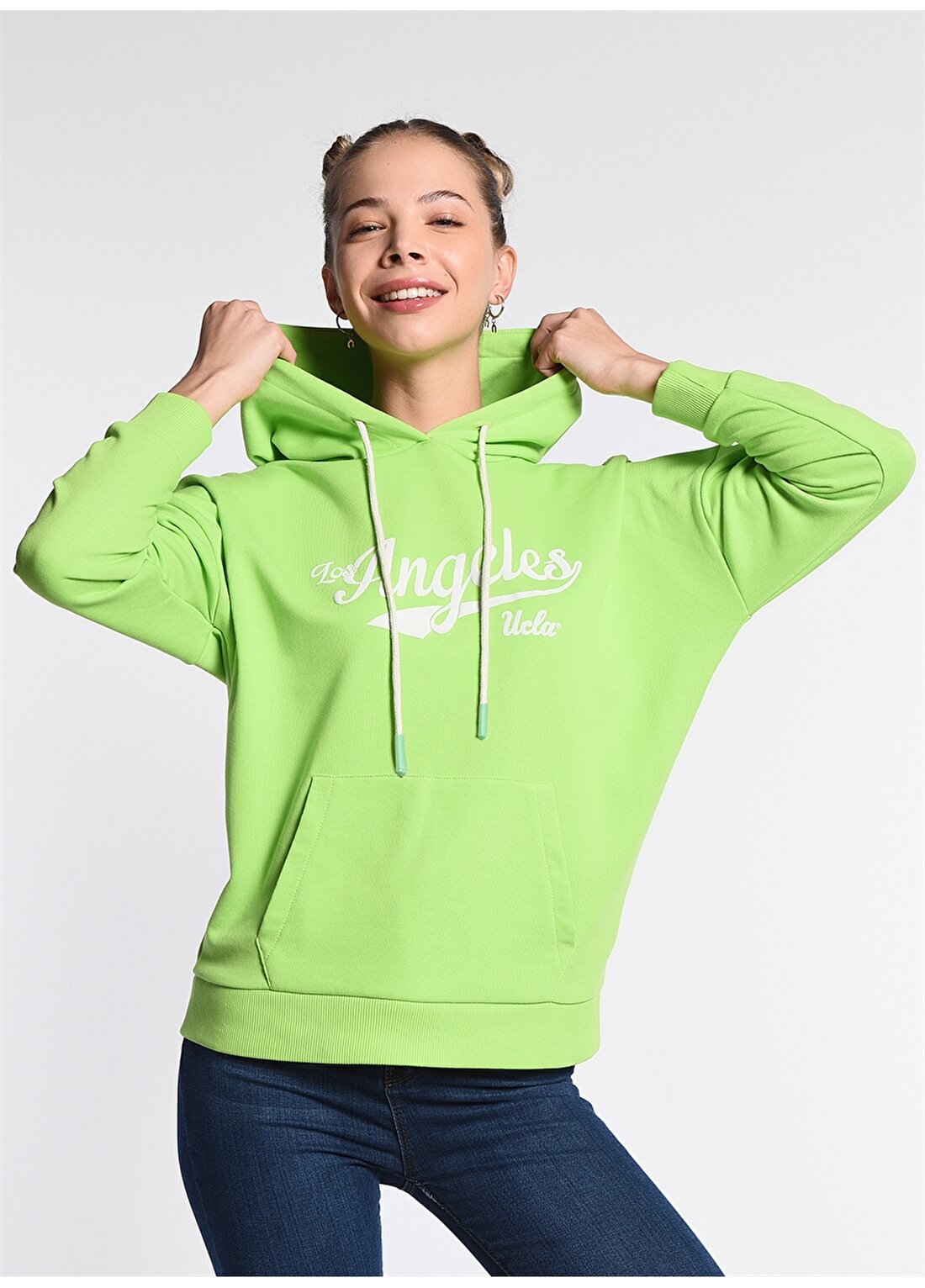 Ucla Auburn Kapüşonlu Oversized Baskılı Yeşil Kadın Sweatshirt