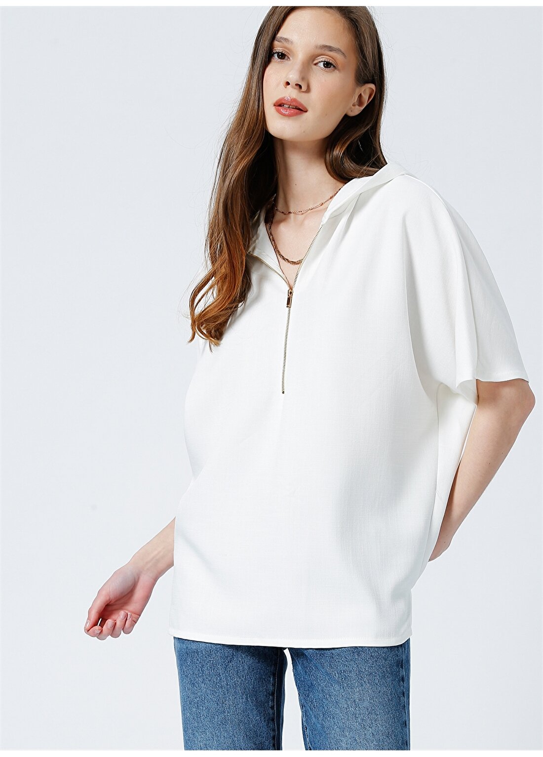 Fabrika Comfort Cm-Enon Kapüşonlu Geniş Fit Düz Beyaz Kadın Bluz