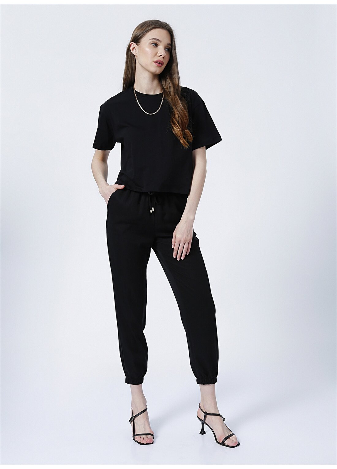 Fabrika Comfort Lastikli Basic Düz Siyah Kadın Pantolon - CM-Fico