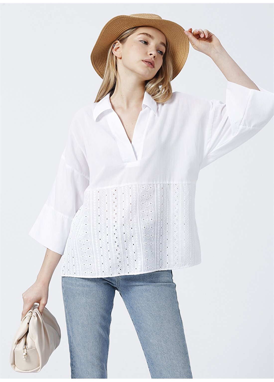 Fabrika Comfort Cm-Gulfem Gömlek Yaka Geniş Fit Düz Beyaz Kadın Bluz
