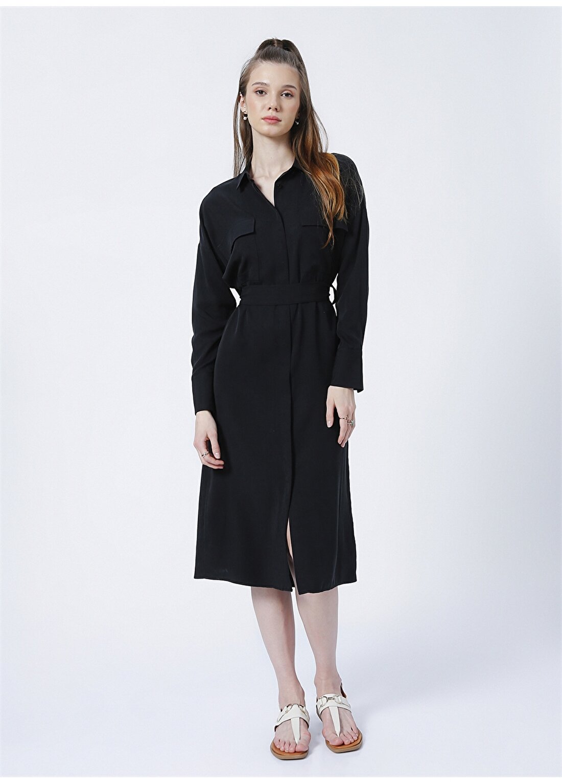 Fabrika Comfort Gömlek Yaka Düz Midi Siyah Kadın Elbise CM-ELLINOR
