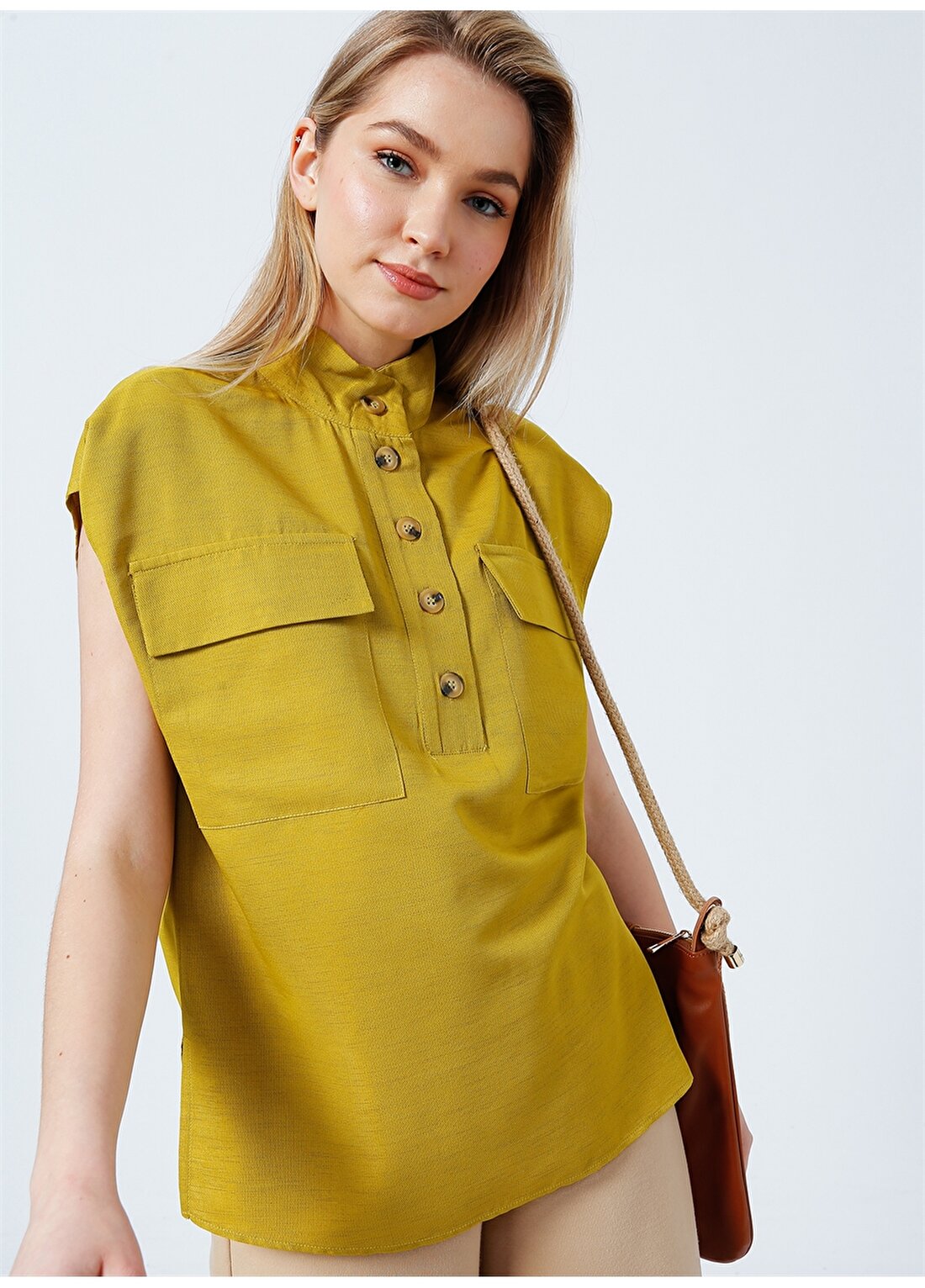 Fabrika Comfort Cm-Banbin Gömlek Yaka Basic Düz Yağ Yeşili Kadın Bluz