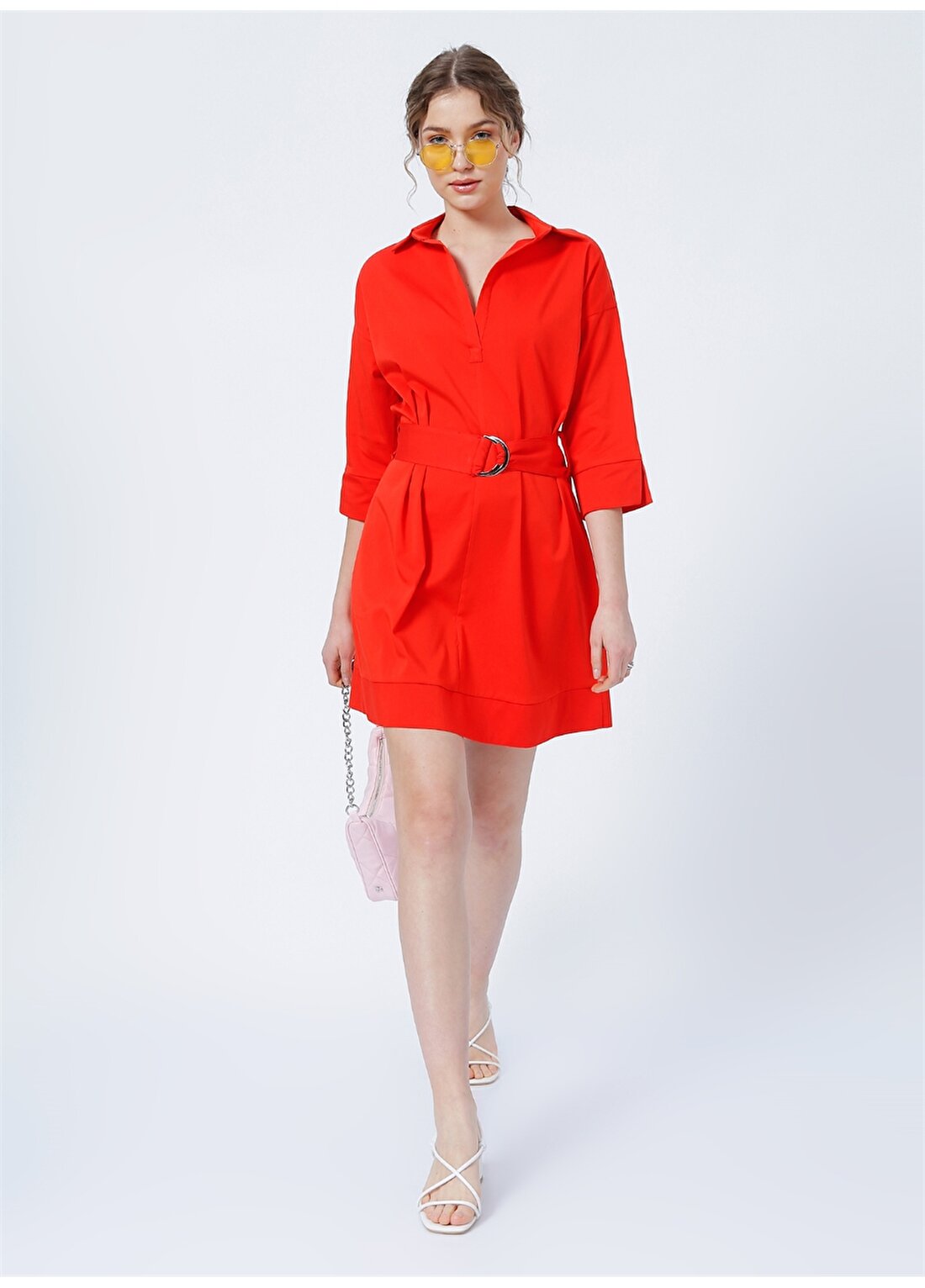Fabrika Divine Gömlek Yaka Basic Düz Kırmızı Kadın Diz Üstü Elbise