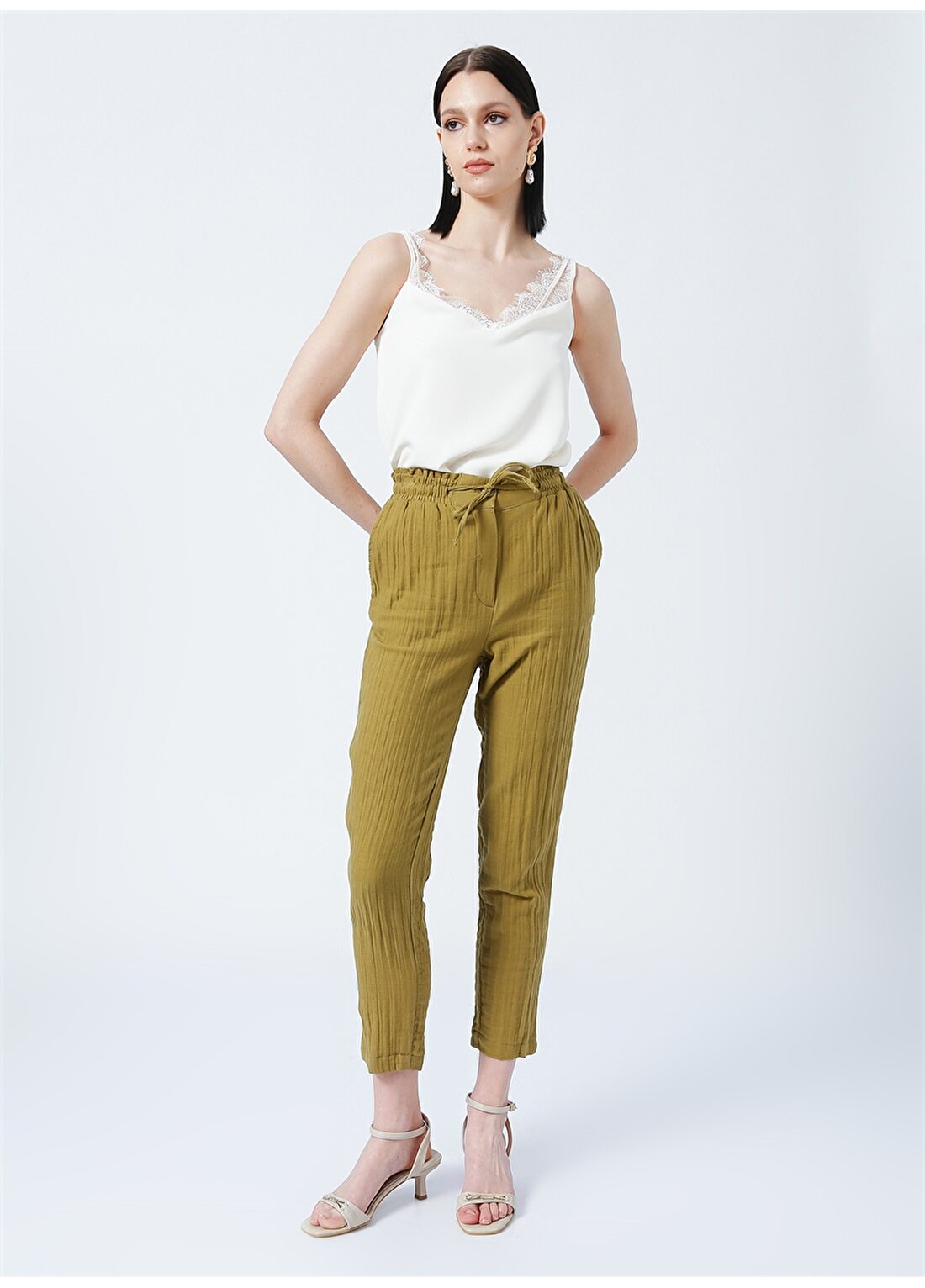 Fabrika Sam Lastikli Basic Düz Yağ Yeşili Kadın Pantolon