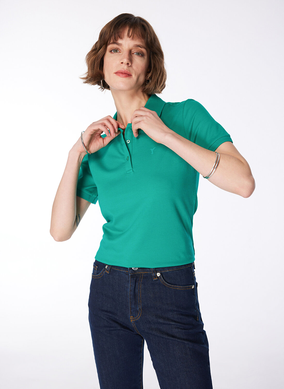 Fabrika Deep Polo Yaka  Basic Düz Yeşil Kadın T-Shirt