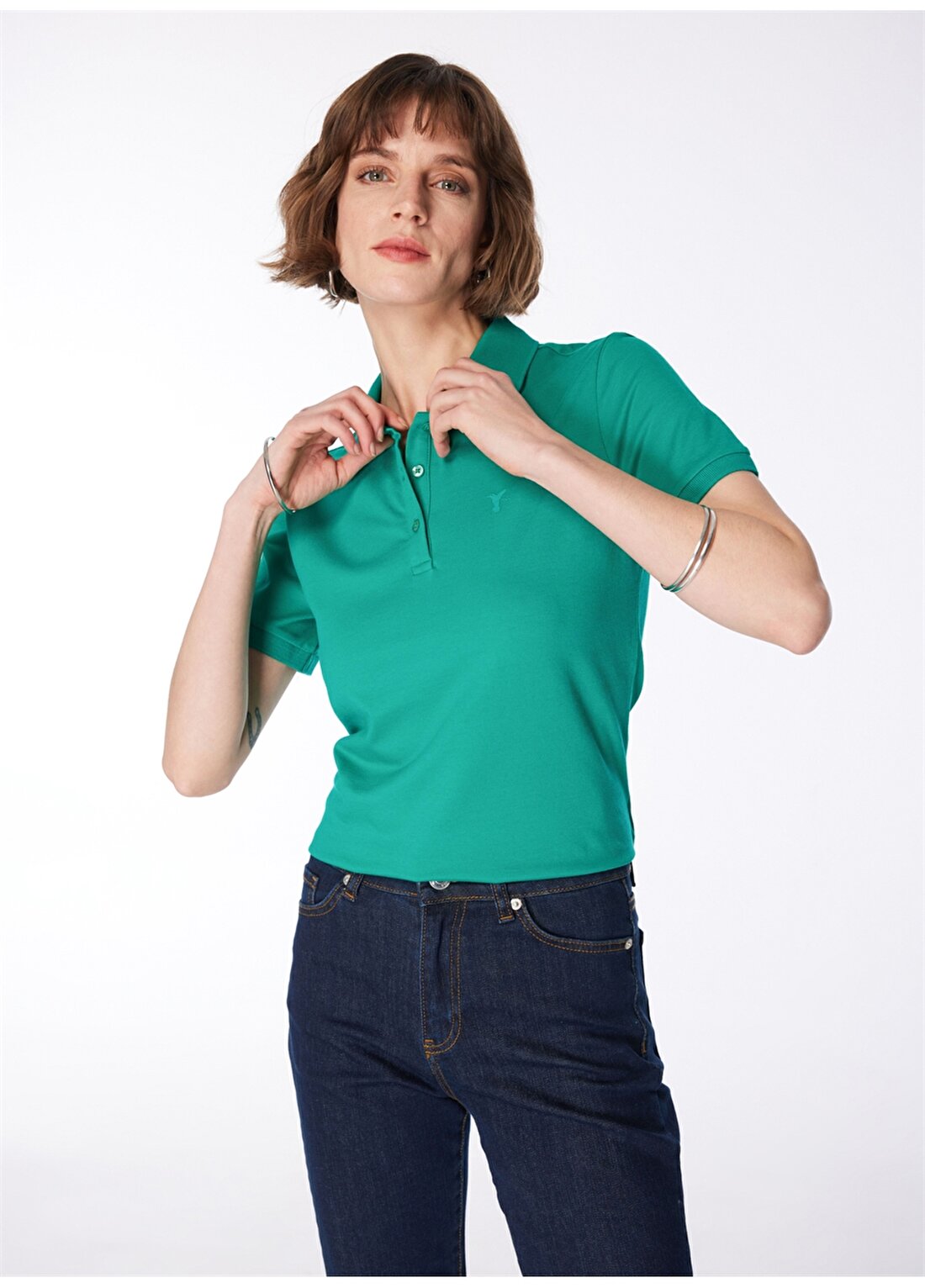 Fabrika Yeşil Kadın Polo Yaka Basic T-Shirt DEEP