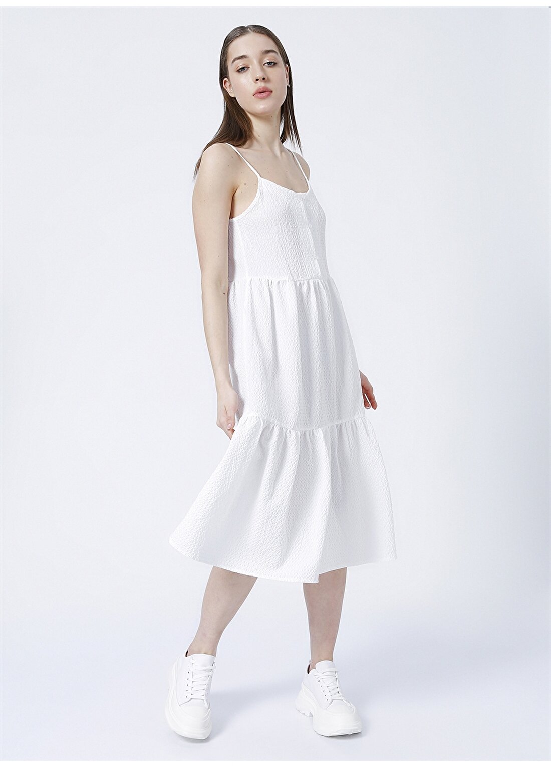 Limon Geniş Yaka Standart Kalıp Beyaz Kadın Elbise - Musk