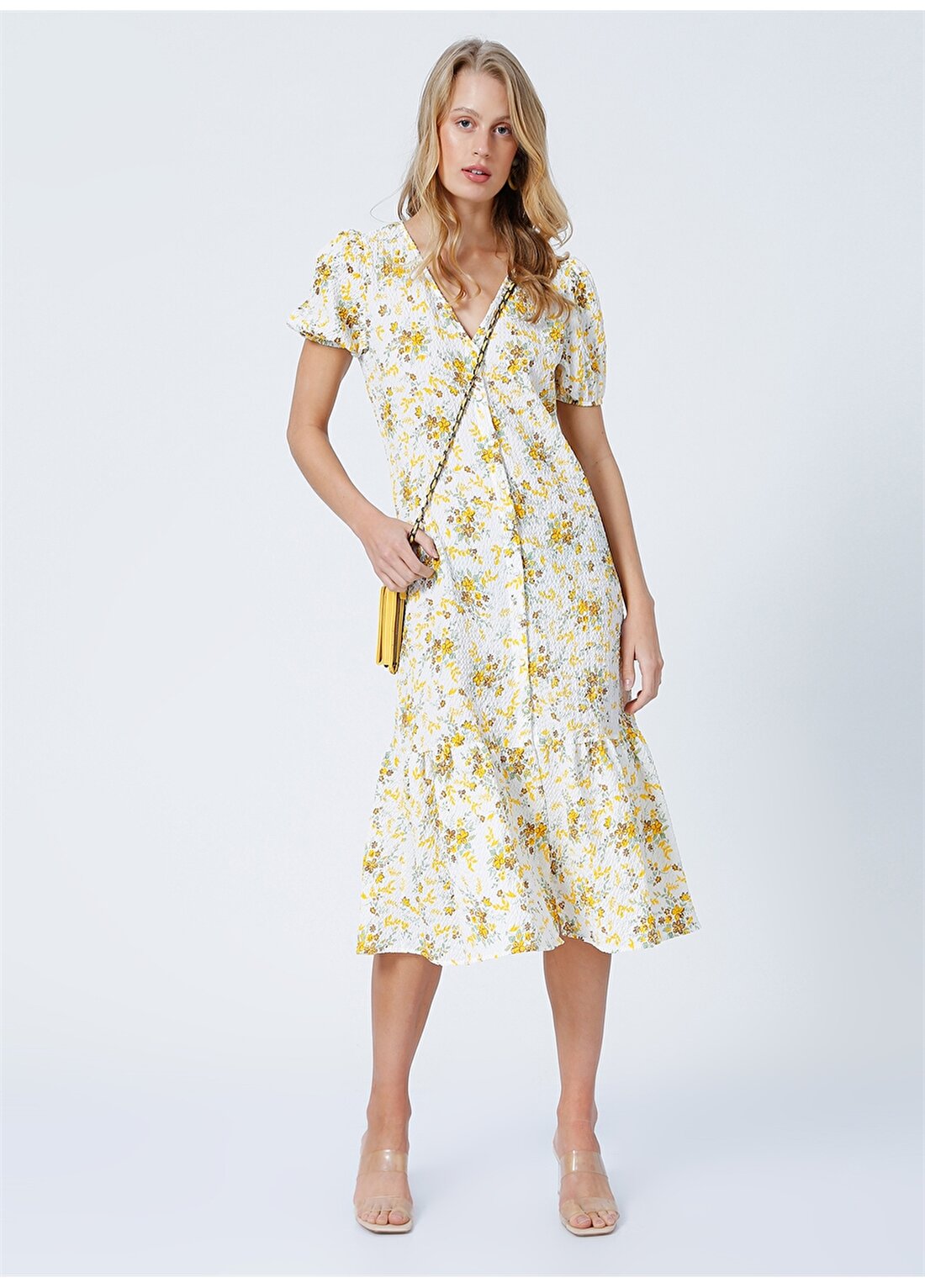 Limon Flower V Yaka Geniş Fit Çiçek Desenli Sarı - Beyaz Kadın Midi Boy Elbise
