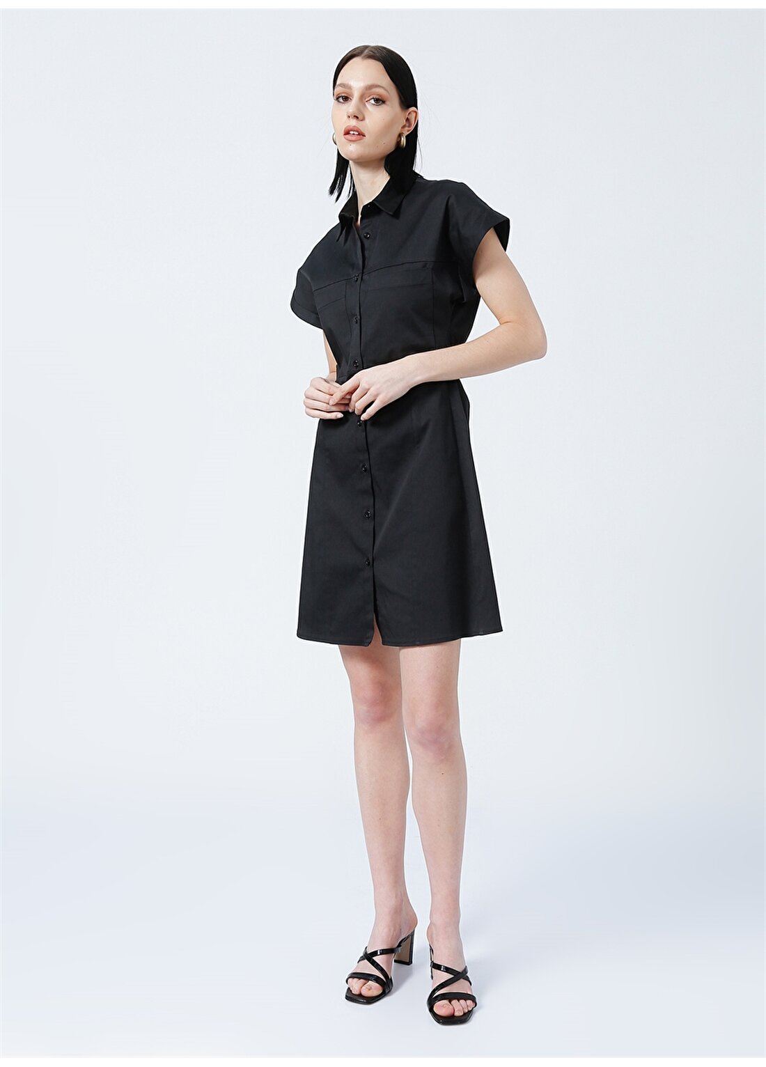 Fabrika Seren Gömlek Yaka Basic Düz Siyah Kadın Elbise