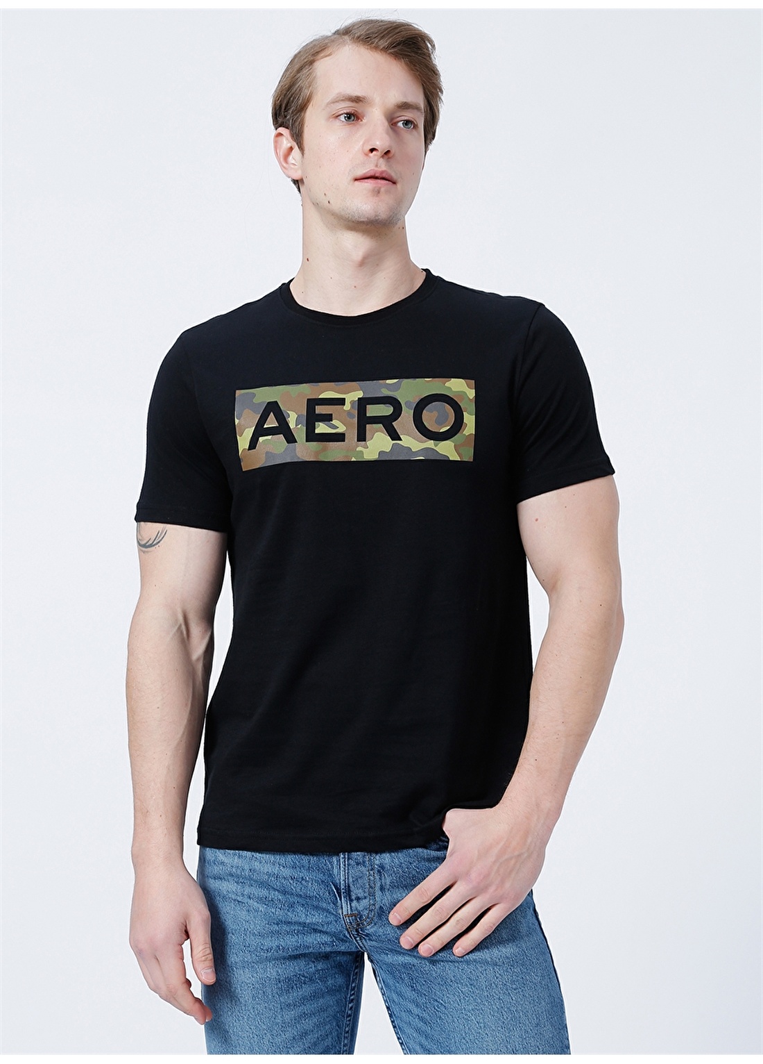 Aeropostale Bisiklet Yaka Standart Kalıp Baskılı Siyah Erkek T-Shirt - E-BELLA