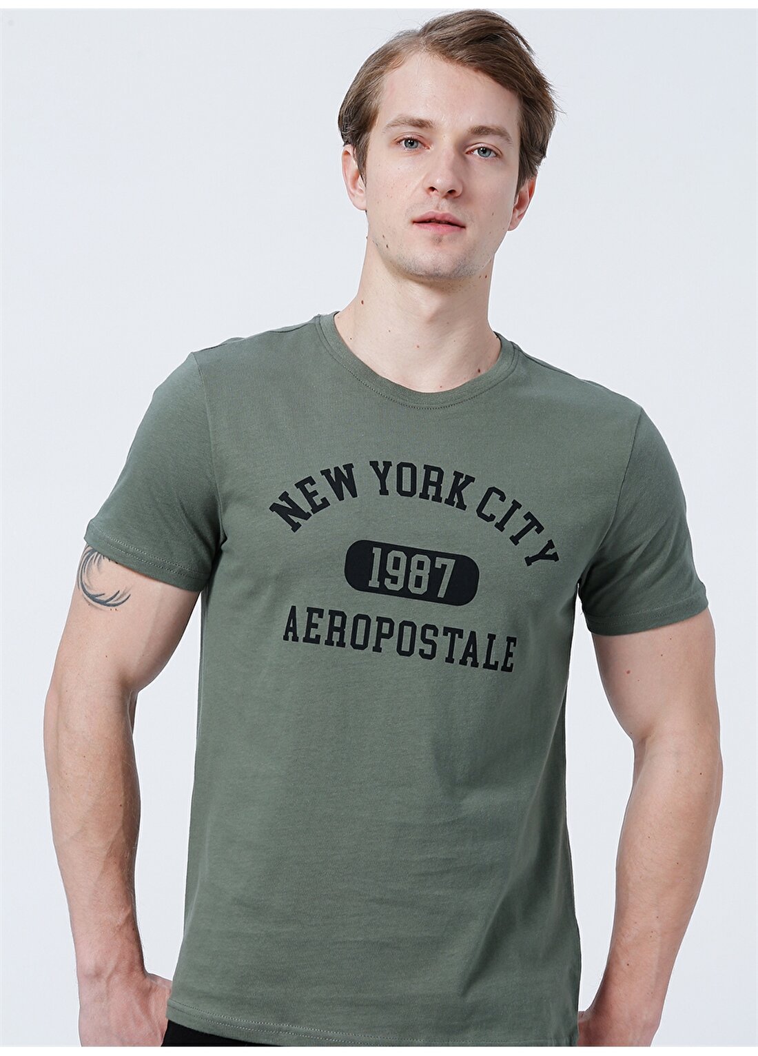 Aeropostale Bisiklet Yaka Standart Kalıp Baskılı Haki Erkek T-Shirt - E-ROSALIE