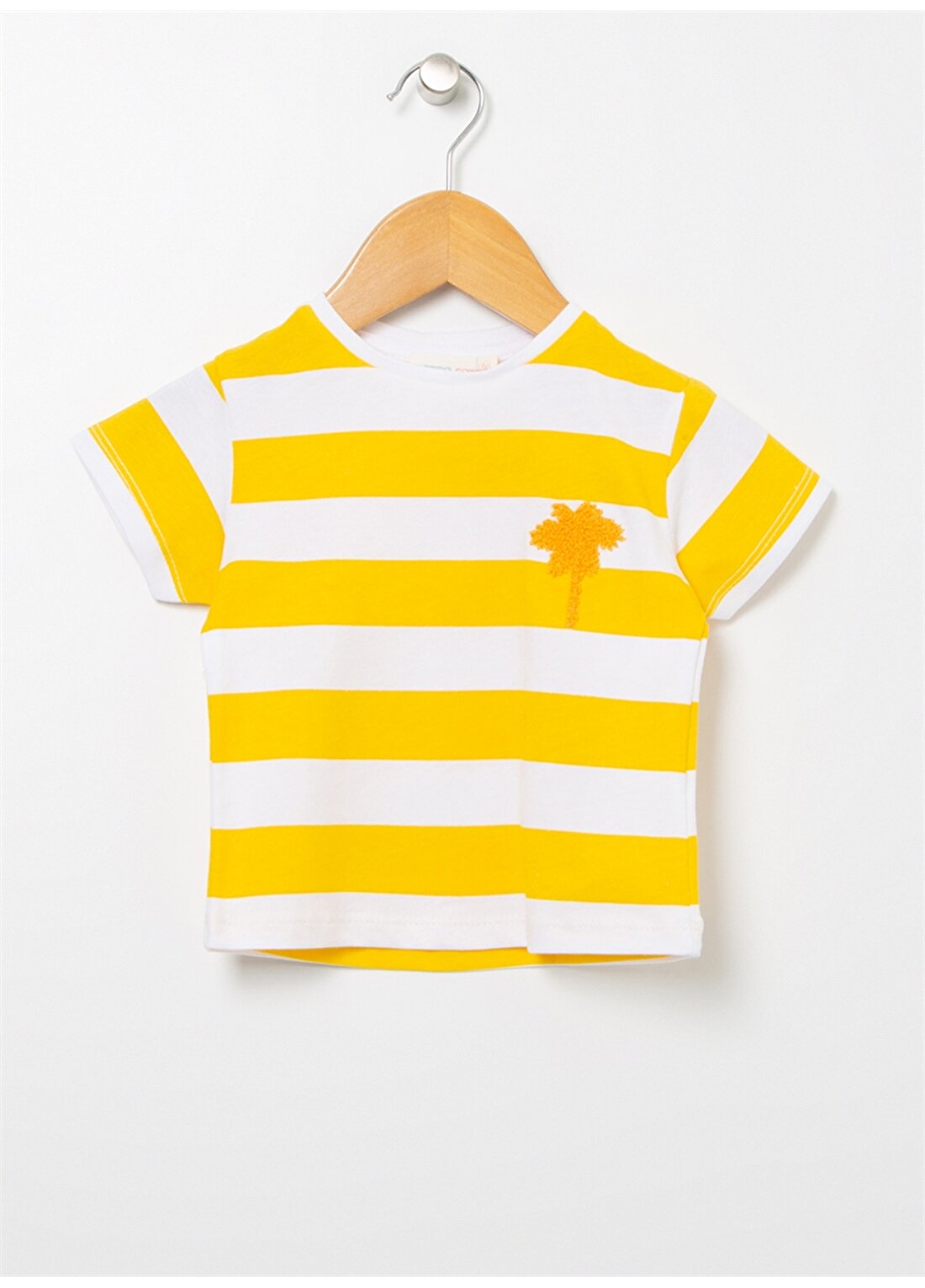 Mammaramma Sarı - Beyaz Kız Bebek Bisiklet Yaka Kısa Kollu Baskılı T-Shirt 22SG-54