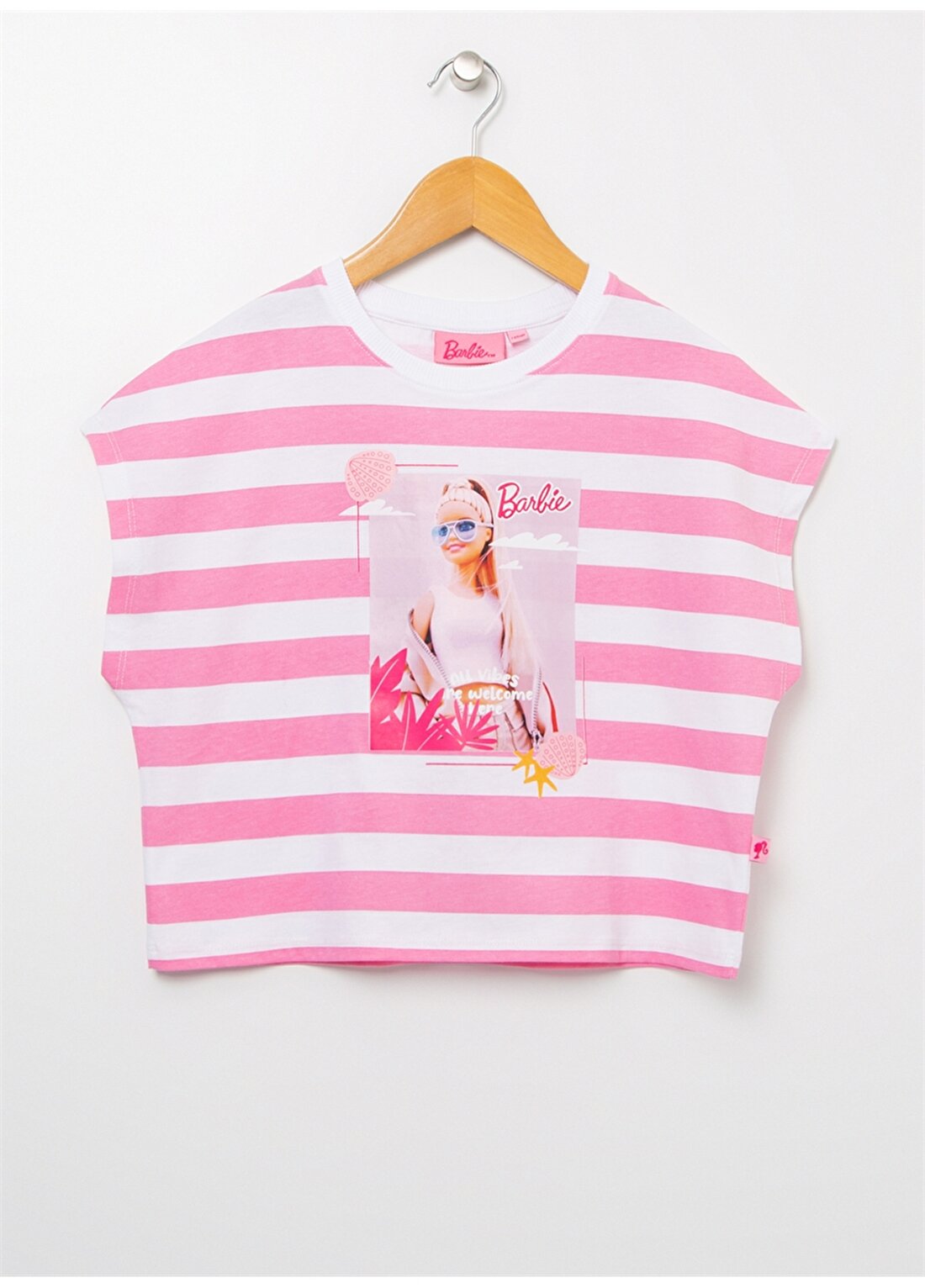 Barbie 22BS-107 Bisiklet Yaka Standart Kalıp Baskılı Pembe - Beyaz Kız Çocuk T-Shirt