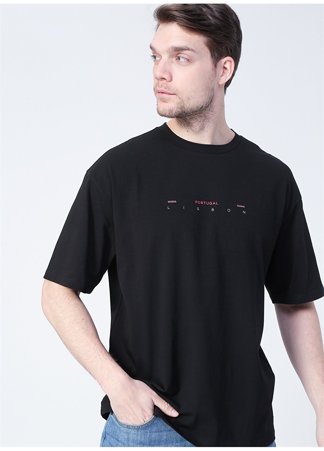 Fabrika Portugal O Yaka Oversize Düz Siyah Erkek T-Shirt