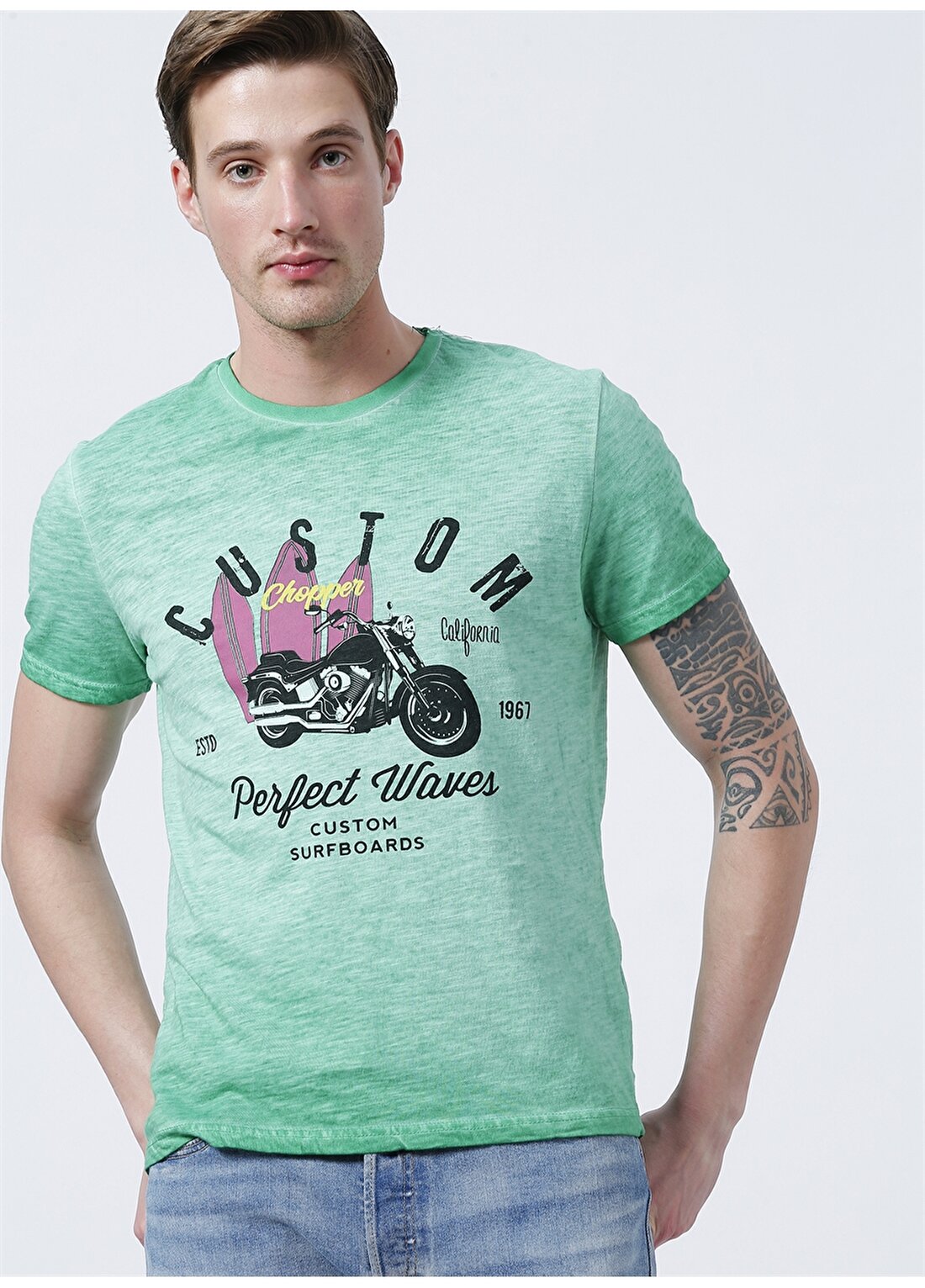 Limon Bisiklet Yaka Basic Yeşil Erkekt-Shirt - Custom