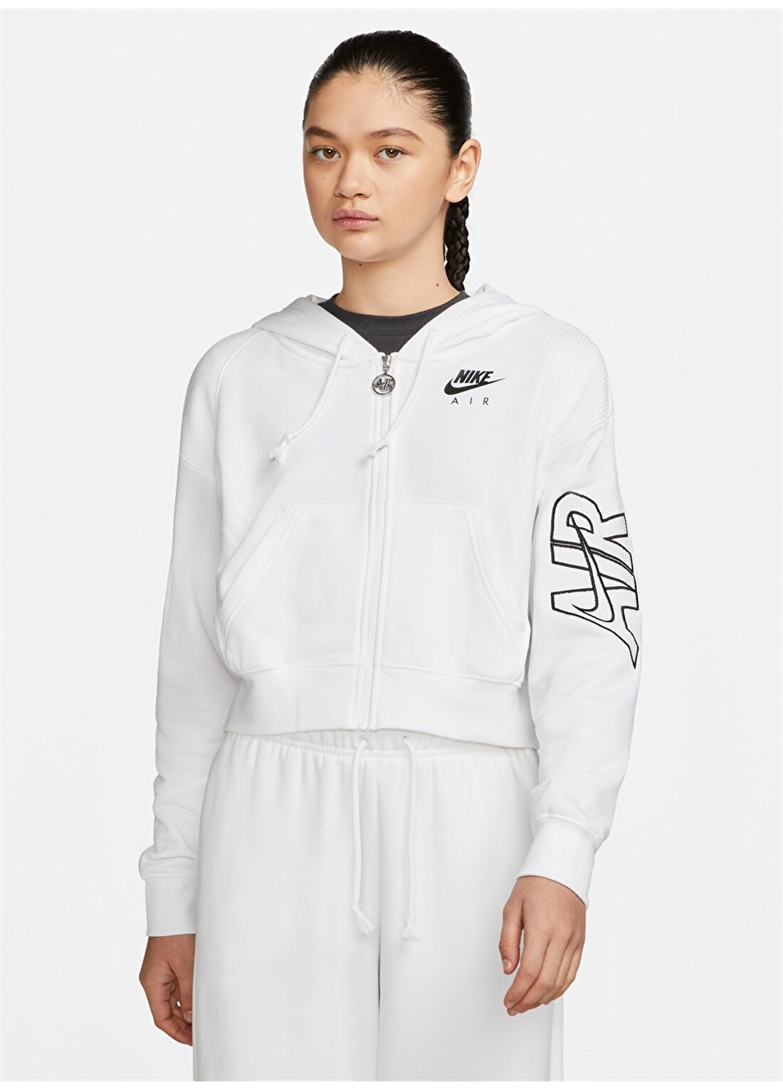 Nike Beyaz - Siyah Kadın Zip Ceket DM6063-100 W NSW AIR FLC TOP FZ