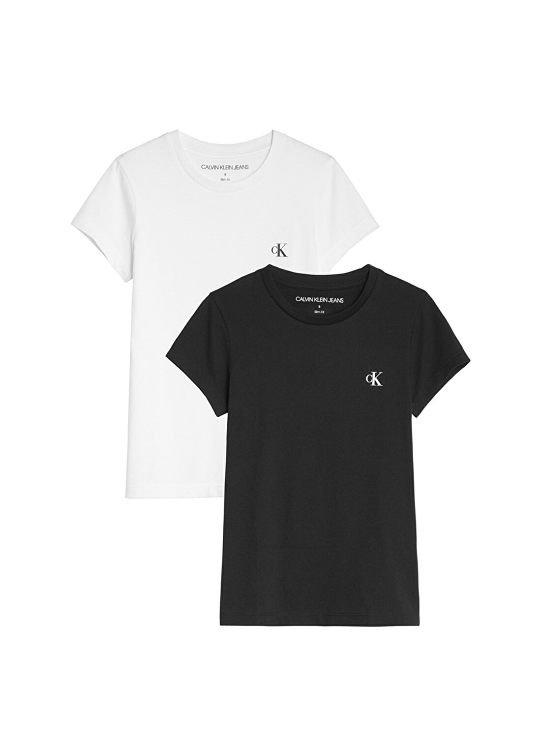 Calvin Klein Ig0ig01258-2-Pack Slim Monogram Top Bisiklet Yaka Standart Kalıp Düz Siyah - Beyaz Kız Çocuk T-Shirt