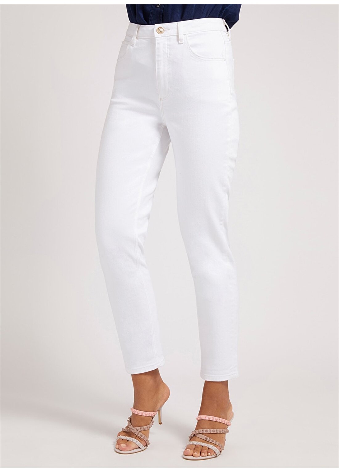 Guess W2RA21D2G6POWHI Yüksek Bel Regular Fit Düz Beyaz Kadın Pantolon