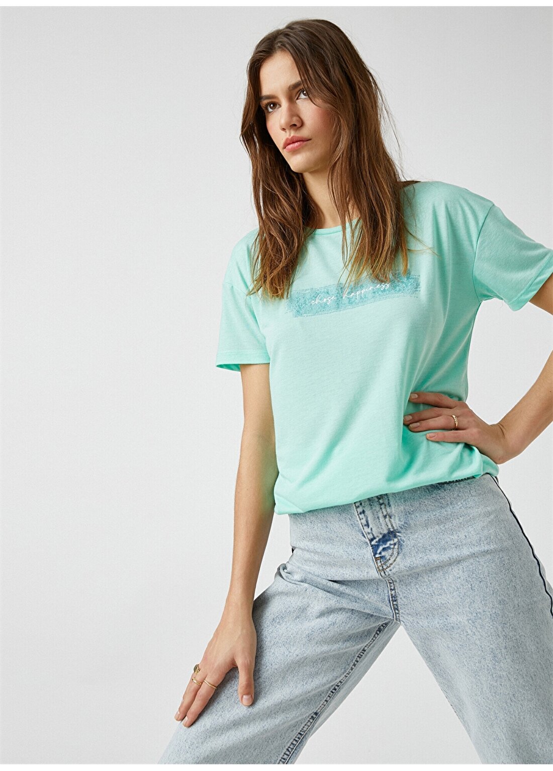 Koton 2SAK50060EK Yuvarlak Yaka Kısa Kollu Normal Kalıp Yeşil Kadın T-Shirt