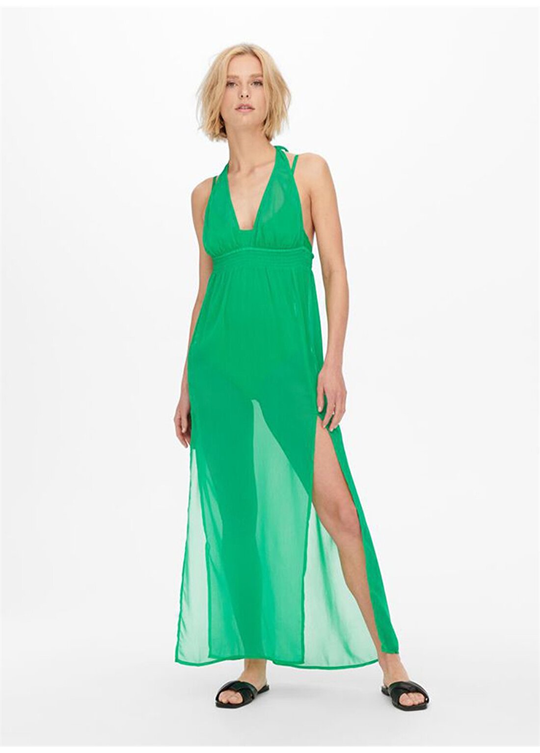Only Yeşil Kadın Yuvarlak Yaka Yarım Kol Uzun Plaj Elbisesi