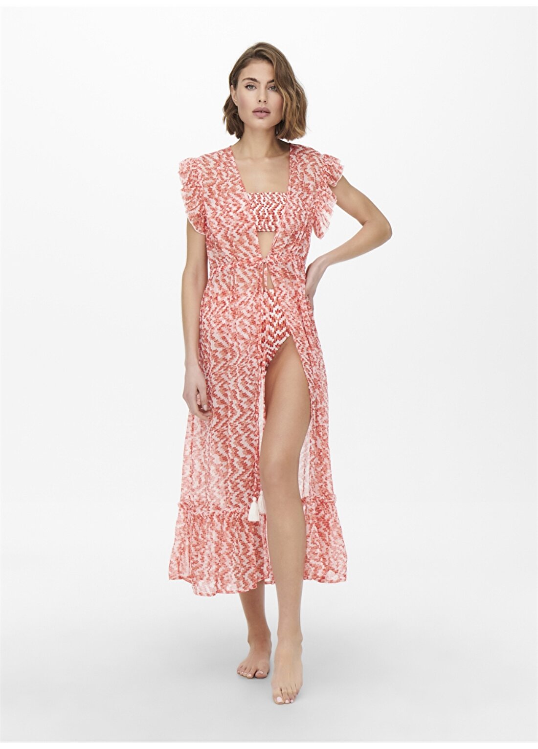 Only Onllilja Life Beach Dress Düz Yaka Normal Kalıp Desenli Somon Kadın Plaj Elbisesi