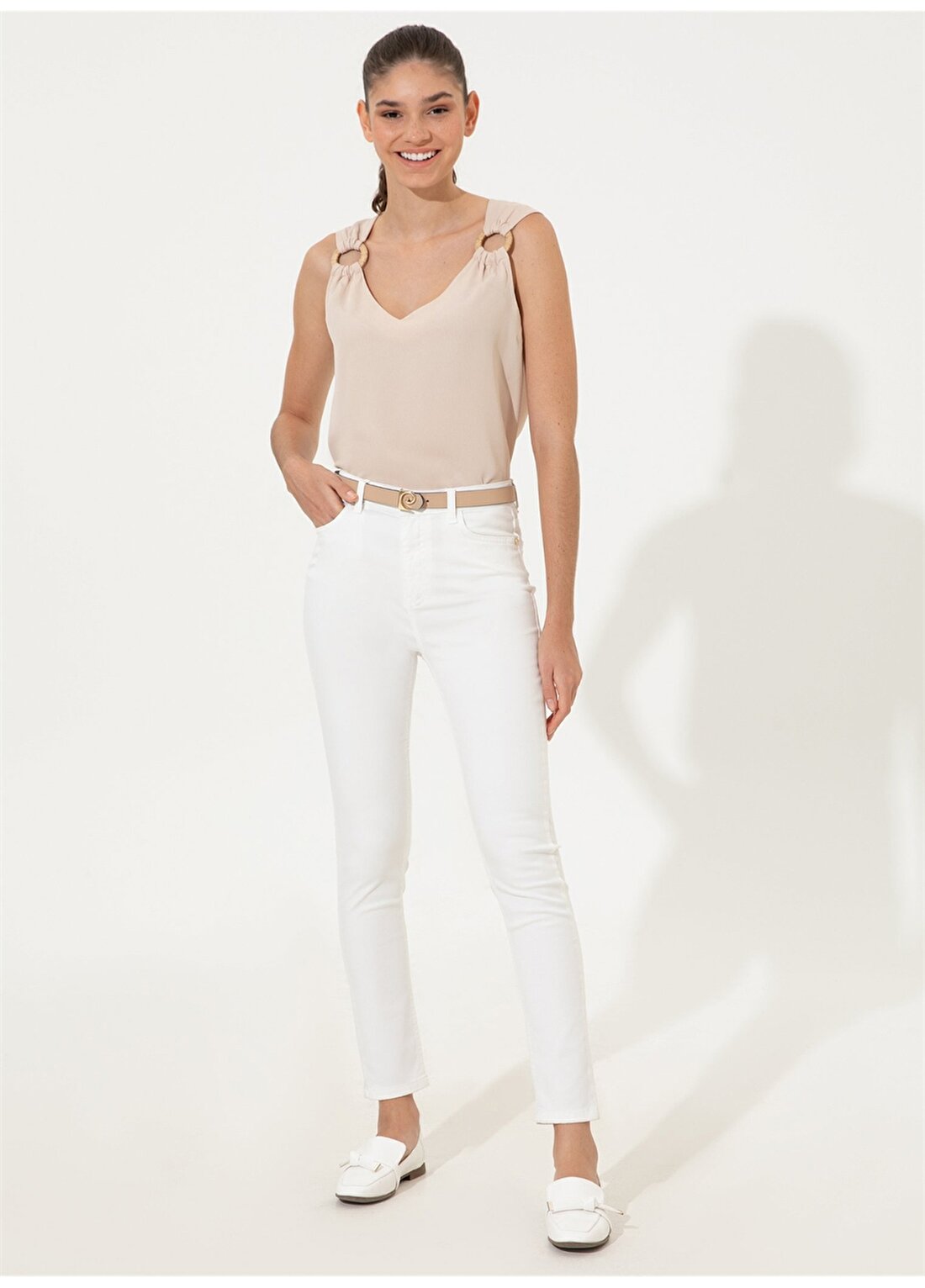 Pierre Cardin Derin-22Y Yüksek Bel Skinny Fit Düz Beyaz Kadın Pantolon