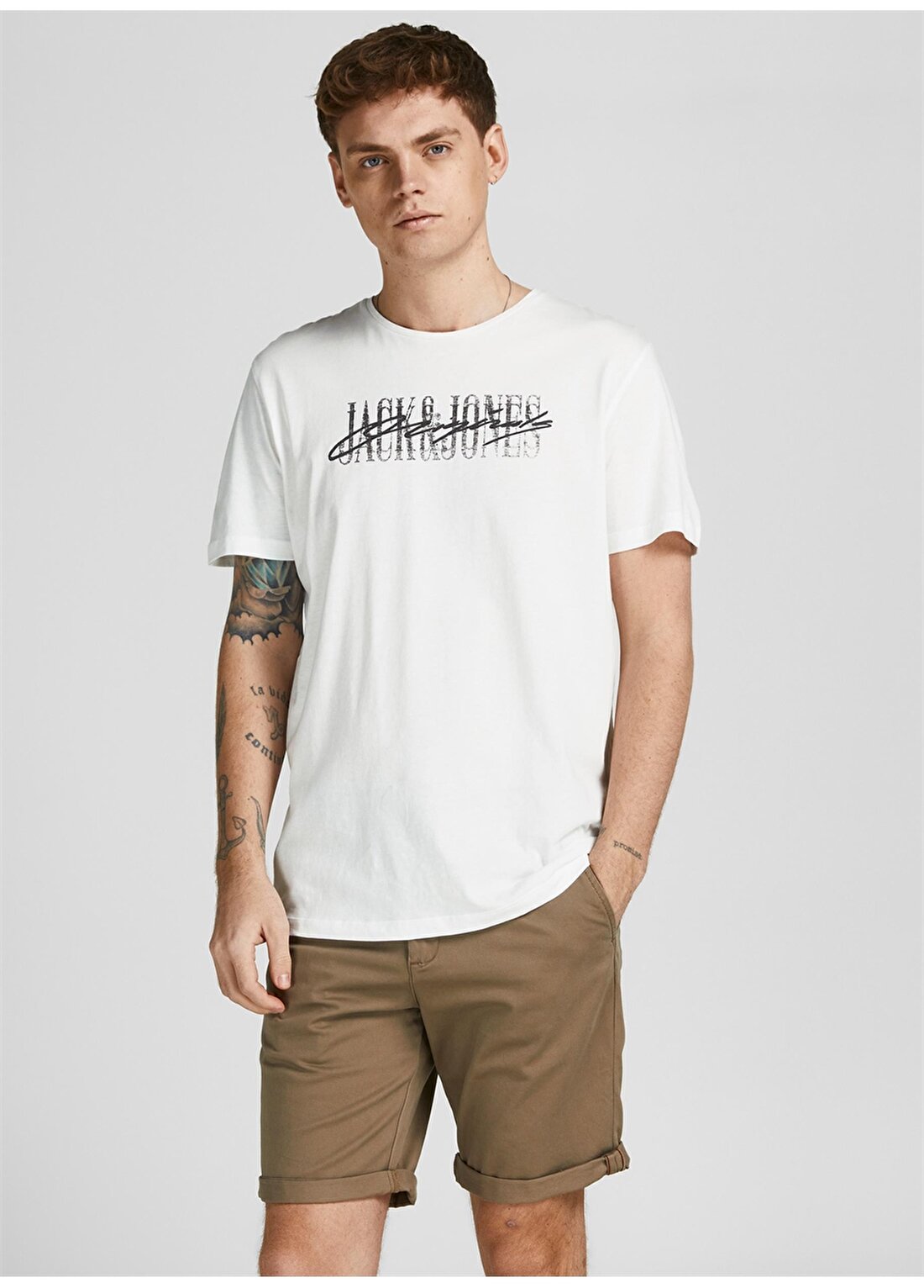 Jack & Jones O Yaka Regular Fit Baskılı Kırık Beyaz Erkek T-Shirt - 12205957_Jorjungle Script Tee