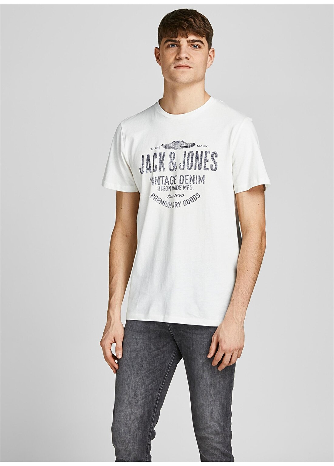 Jack & Jones 12208452_Jprblubooster Teeo Yaka Regular Fit Baskılı Kırık Beyazerkek T-Shirt