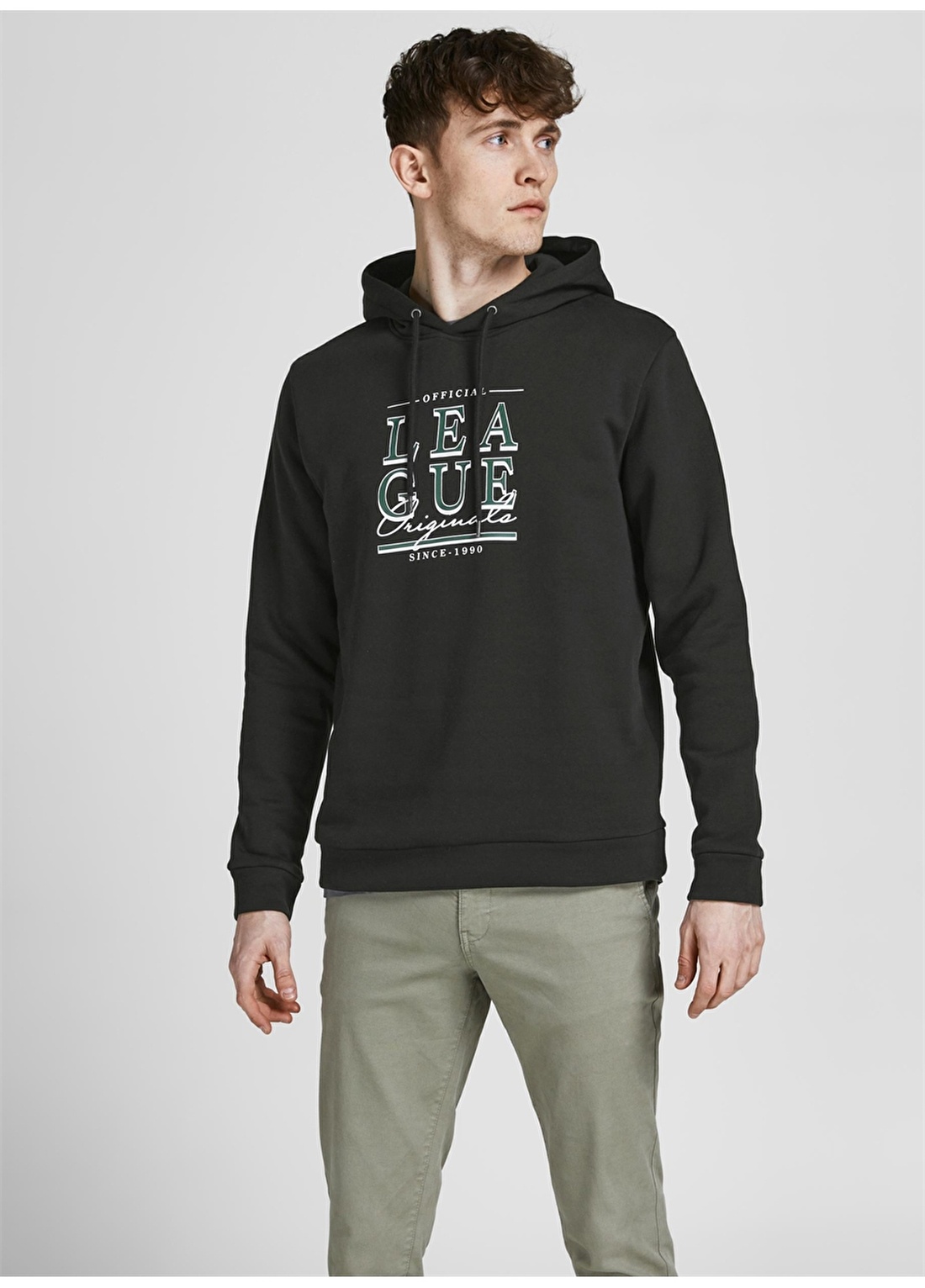 Jack & Jones 12209313_Jorbooster Sweathood Kapüşonlu Regular Fit Baskılı Siyah Erkek Sweatshirt