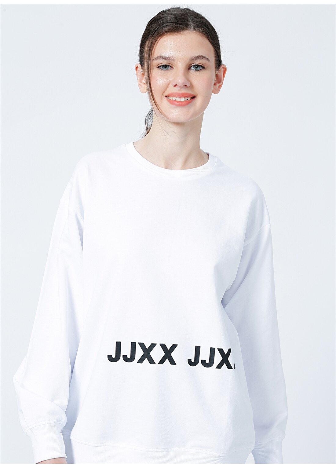 JJXX Yuvarlak Yaka Rahat Kalıp Düz Beyaz Kadın Sweatshirt - Jxadalie Ls Loose Sweat By