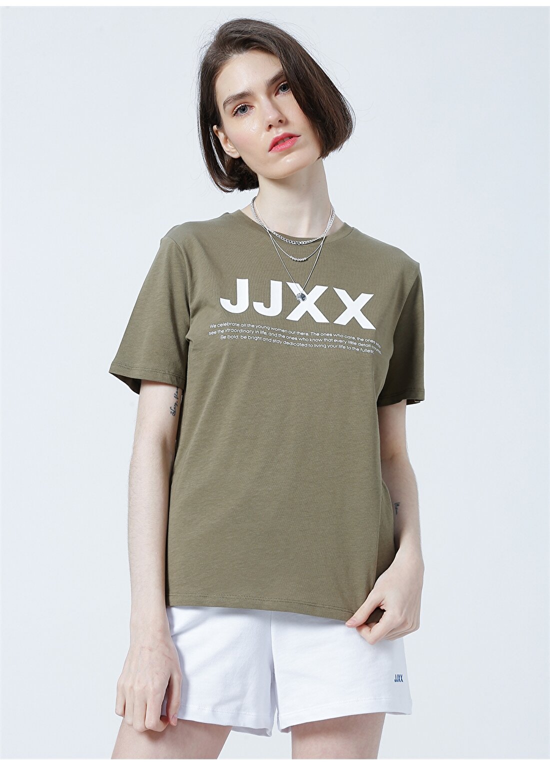 JJXX Jxanna Ss Reg Every Big Logo Tee By Yuvarlak Yaka Normal Kalıp Baskılı Haki Kadın T-Shirt